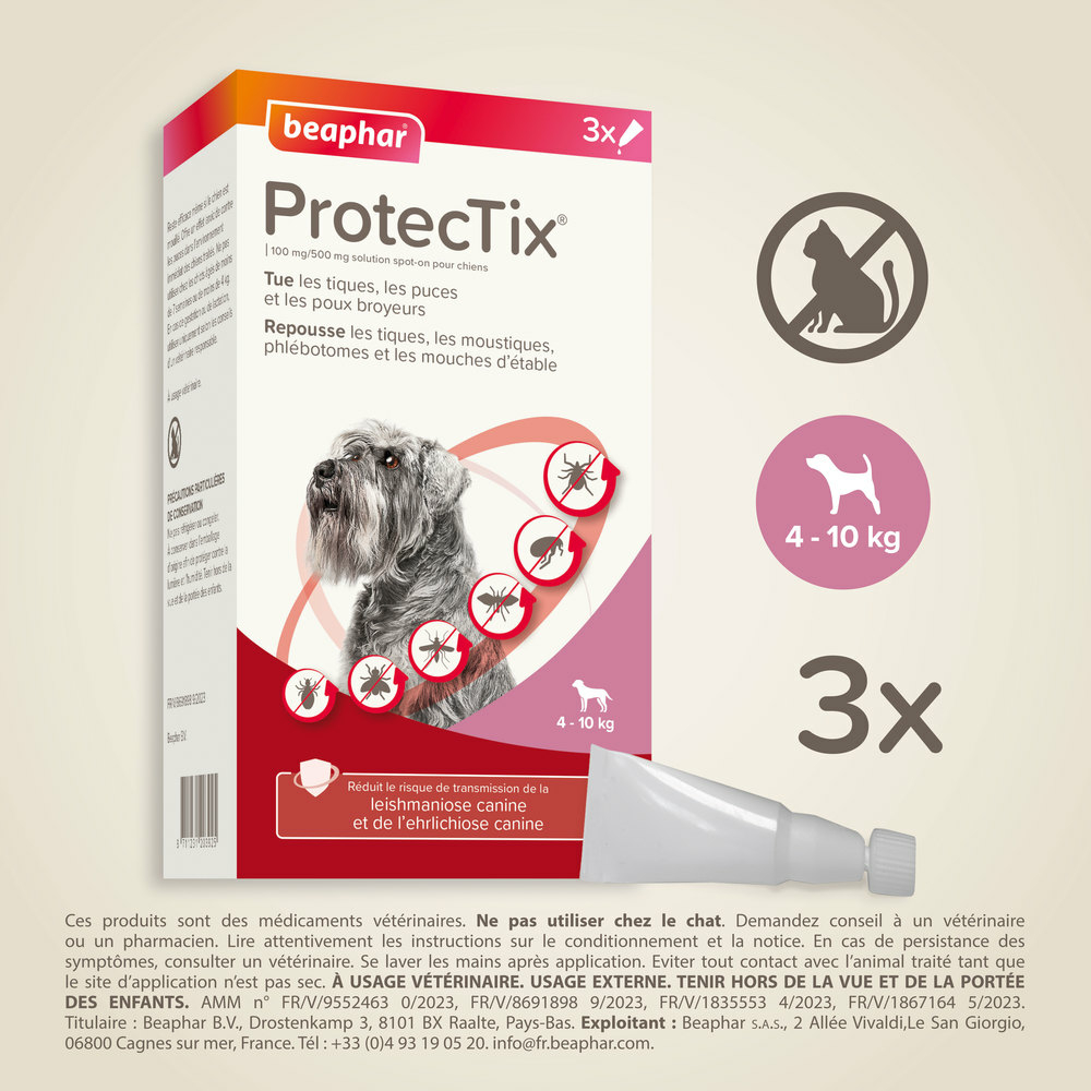 ProtecTix - 3 Spot-on pour chiens , de 4 à10 kg - BEAPHAR 1 cc