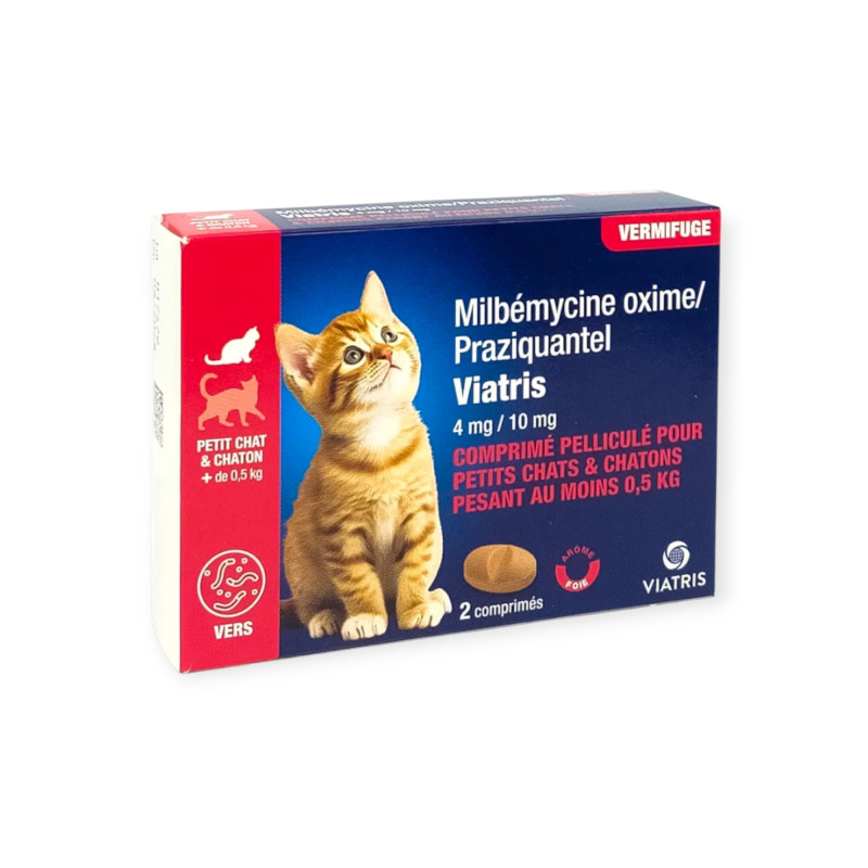 Milbémycine Praziquantel - Vermifuge petit chat, chaton +0.5 kg , 2cp - VIATRIS 1 viatris milbemycine praziquantel 4mg10mg vermifuge petits chats de 05kg boite de 2 comprimes